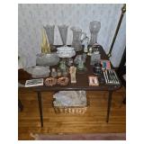 Glass and crystal vases, salt & pepper shakers, gravy boat, doilies, candles