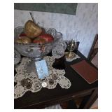 Bunch bowl and glasses, religious metal, D & P sliver napkin rings, oil lamp style