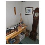 Easel, grandfather clock, drafting tools