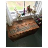 Large wooden box/chest, bunnies, green glass snail, purple perfume bottle