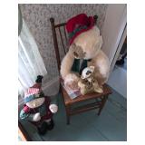 Teddy bear’s, Standing snowman, vintage chair with woven seat