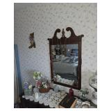 Chippendale mahogany mirror, bible, Hurricane lamp, jewelry 
