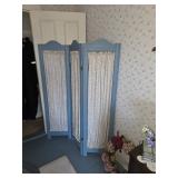 Blue wooden framed 3 panel folding room divider, dressing screen, folding screen shabby chic