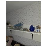 hand painted snowman, blue glass covered candy dish, porcelain purse floral arrangement