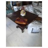 Vintage folding top mahogany table, leather purse, bedding