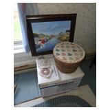 Hair window a/c, bushel basket, framed artwork, blue rope rug