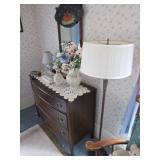 Floor lamp, Mahogany 4 draw dresser, blue lamp table top, Chippendale mahogany mirror