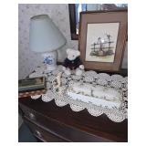 Blue lamp , stuffed bear, Mahogany 4 draw dresser