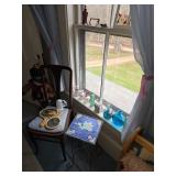 Vintage vanity set, mahogany chair with blue chair pads, perfume bottles, apothecary bottles, small 