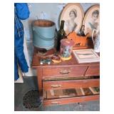 Dresser filled with old maps, vintage oval framed woman, firkin, sugar buck, Scottie dog lamp, leath