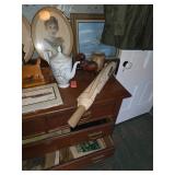 Dresser filled with old maps, vintage oval framed woman, firkin, sugar buck, Scottie dog lamp