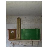 Wooden box, vintage thermometer, decorative mini door