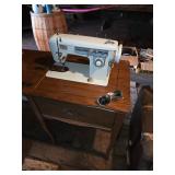 Vintage sewing machine table and machine, sun glasses