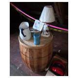 Wooden whiskey barrel, lamp, water pitcher