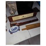 K&E Leroy lettering set in wooden case, Blue and white plate, wooden rulers, 