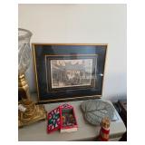 Framed artwork, brass lamp, vintage Christmas 