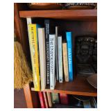 Books, brass tray, Mayan Aztec hand carved wooden bookends