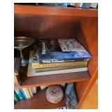 Peruvian hand carved gourd, silver candy dish, books