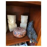 Peruvian hand carved gourd, White stone carved Peruvian style book ends, bronze bear