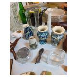 Floral vases, wooden puzzle, duck salt shaker, bud vase, milk glass 