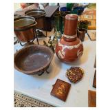 Antique Copper Dish, Mexican Pottery Water Pitcher