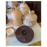 vintage, hand-carved wooden kitchen trivet, Mexican terra cotta pottery with an engobe slip finish
