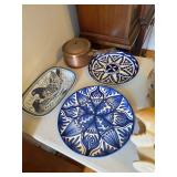 Mexican Talavera pottery style, vintage hammered copper fondue pot or saucepan 
