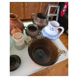 Antique Copper Pitcher, Glass Mixing Bowl, Pitcher