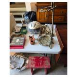 Brass Fireplace Tools, Bicycle Helmet and Lock, Terra Cotta Turkey Candle holders