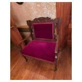 Victorian Eastlake hand carved red velvet armed chair