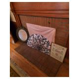 Framed home sign, Oval ornate mirror, floral fan