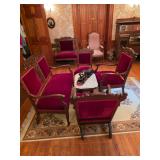 Victorian Eastlake hand carved red velvet, oriental rug, Marble top table