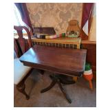 Vintage drop leaf table, lobster buoy, small lute 