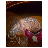 Glass cake plates, small glass pitcher