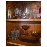 Brown glass stemmed candy dish, brown glass bowl, small bar glasses