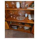 Silver cake carrier, glass tray with removable sections, porcelain tea cups