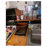 Tin oval basket, cheese shakers, covered candy dishes