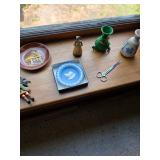 small porcelain plate, scissors, commemorative plate