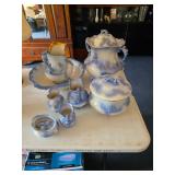 vintage wash basin set Crown M.C. porcelain collection featuring a blue-and-white floral and scroll 