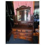 antique Victorian walnut mirrored vanity dresser with ornate carvings and a burl wood finish