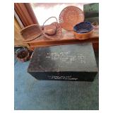 Longaberger basket, Wooden chest, assorted wicker baskets