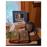 Assorted books, decanter, green glass 