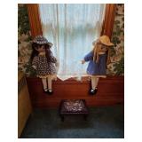 Vintage rag dolls, foot stool