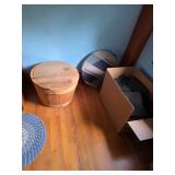Round wood basket stool with fabric and glass