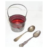 Sterling basket & 2 spoons