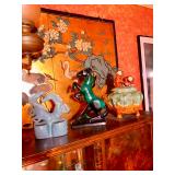 Horse statues &  Majolica Sancai Cookie Jar Container Monkeys on Branch W/ Peaches 