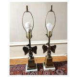  Genuine Carrera Marble Base Brass Eagle Table Lamps, WORKS