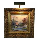 Vintage Watermill Landscape Watercolor Painting, Gilt Framed With Picture Light