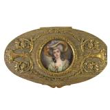 French Dore Box With Hand Painted Portrait & Cafe Des Beaux Arts Pocket Mirror