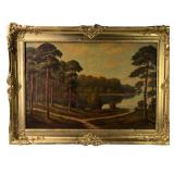 American River Landscape Oil On Canvas Painting, Signed